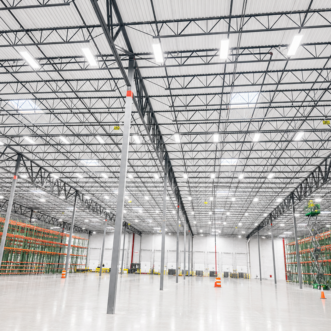 Empty warehouse with high ceiling, metal support beams, bright lighting, and orange safety cones.