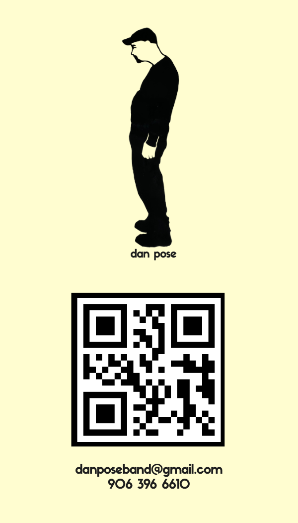 Business card design for my band, dan pose. I did not design the logo itself, but i DID recognize it, along with the cream color, as being perfect for an alternative, 90sesque bands visual brand.. so... points?