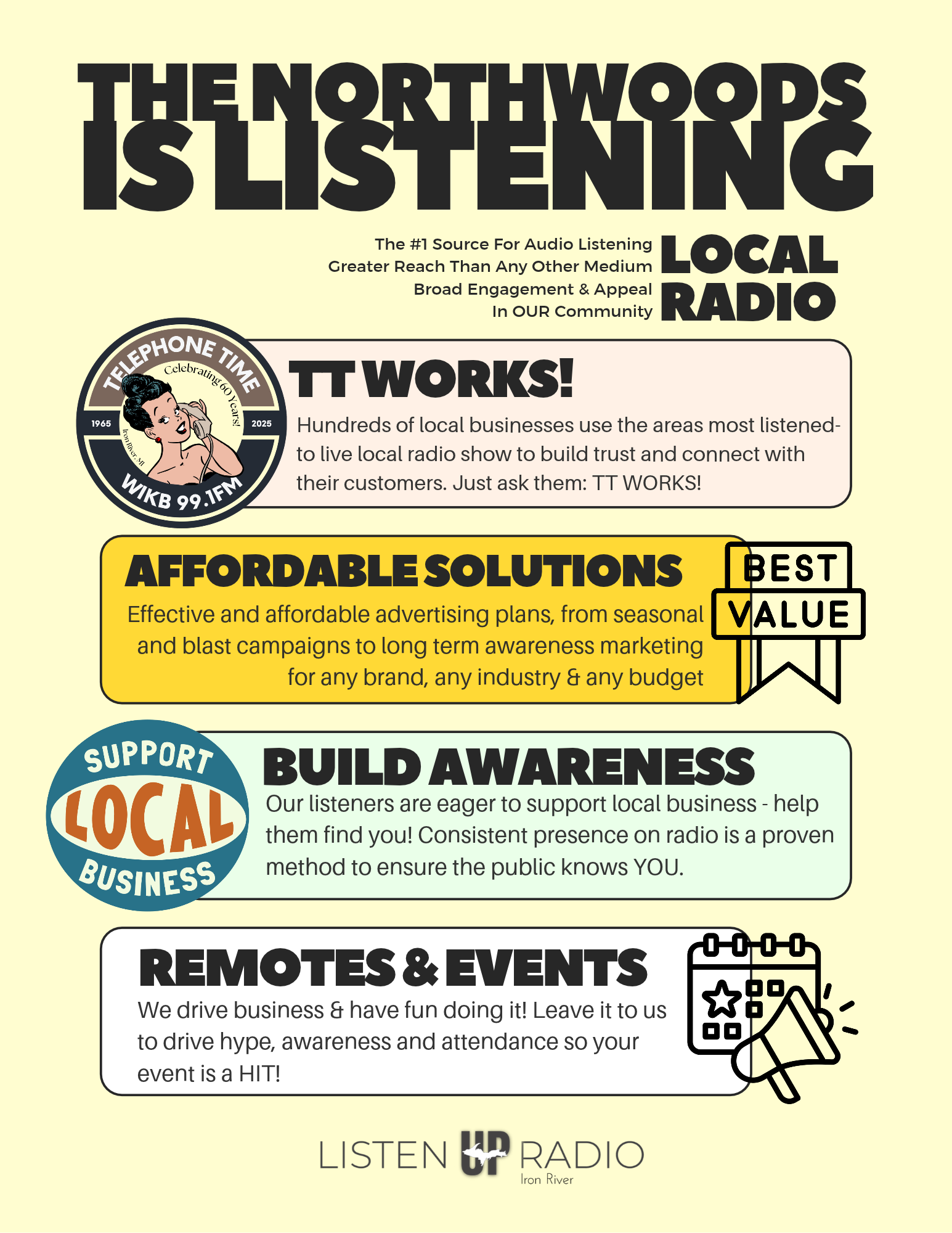 Branded onesheet i designed for proposals, website & clients. In addition to public facing branding i also designed all internal & sales-related branded handouts & proposals like these in my time with Lisen UP Radio.