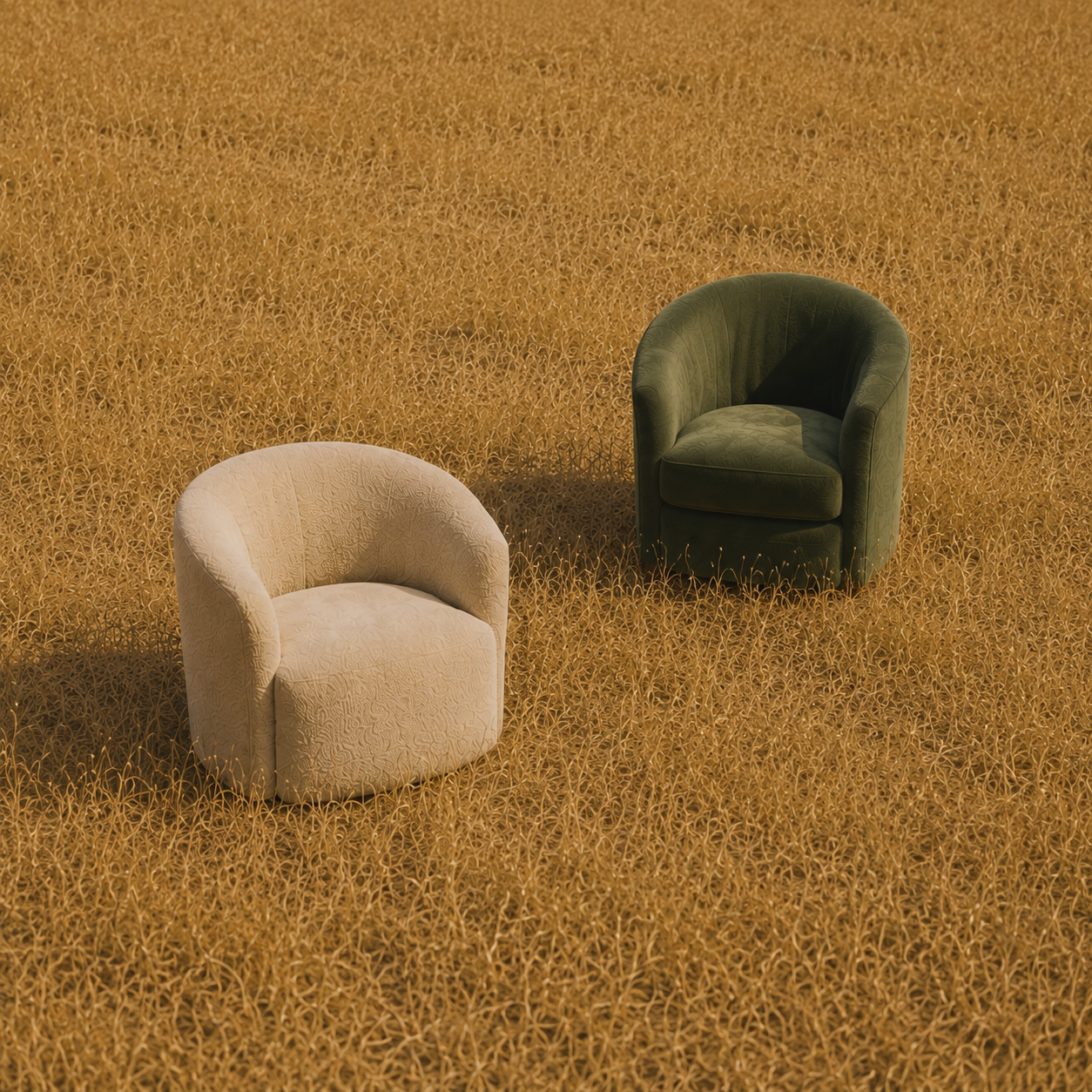 Two armchairs, one beige and one green, placed in a field of tall golden grass.