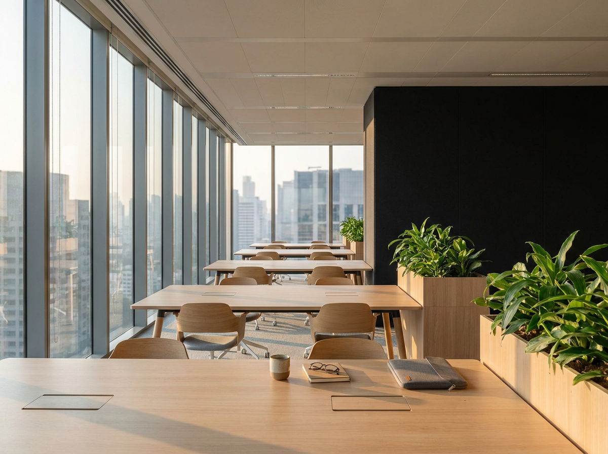 Modern office space with wooden tables, chairs, and large windows overlooking a city skyline. Potted plants are on the tables.