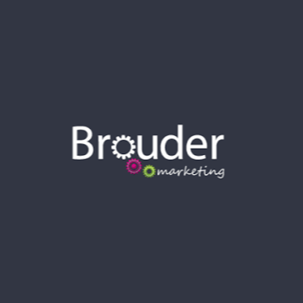 Brouder marketing logo with dark gray background, white text, and colored gear and circle icons.