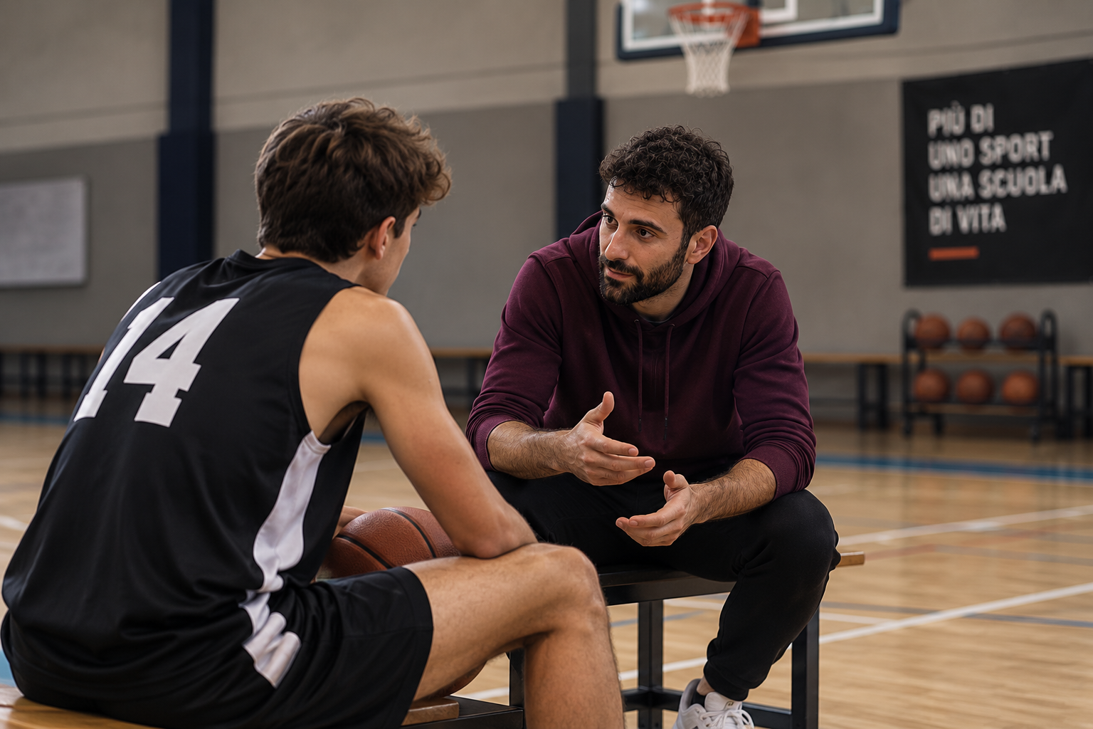 Vito Martino durante un confronto individuale con un giovane giocatore di basket in palestra