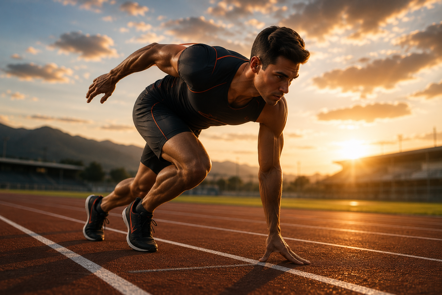 Atleta ai blocchi di partenza su una pista al tramonto