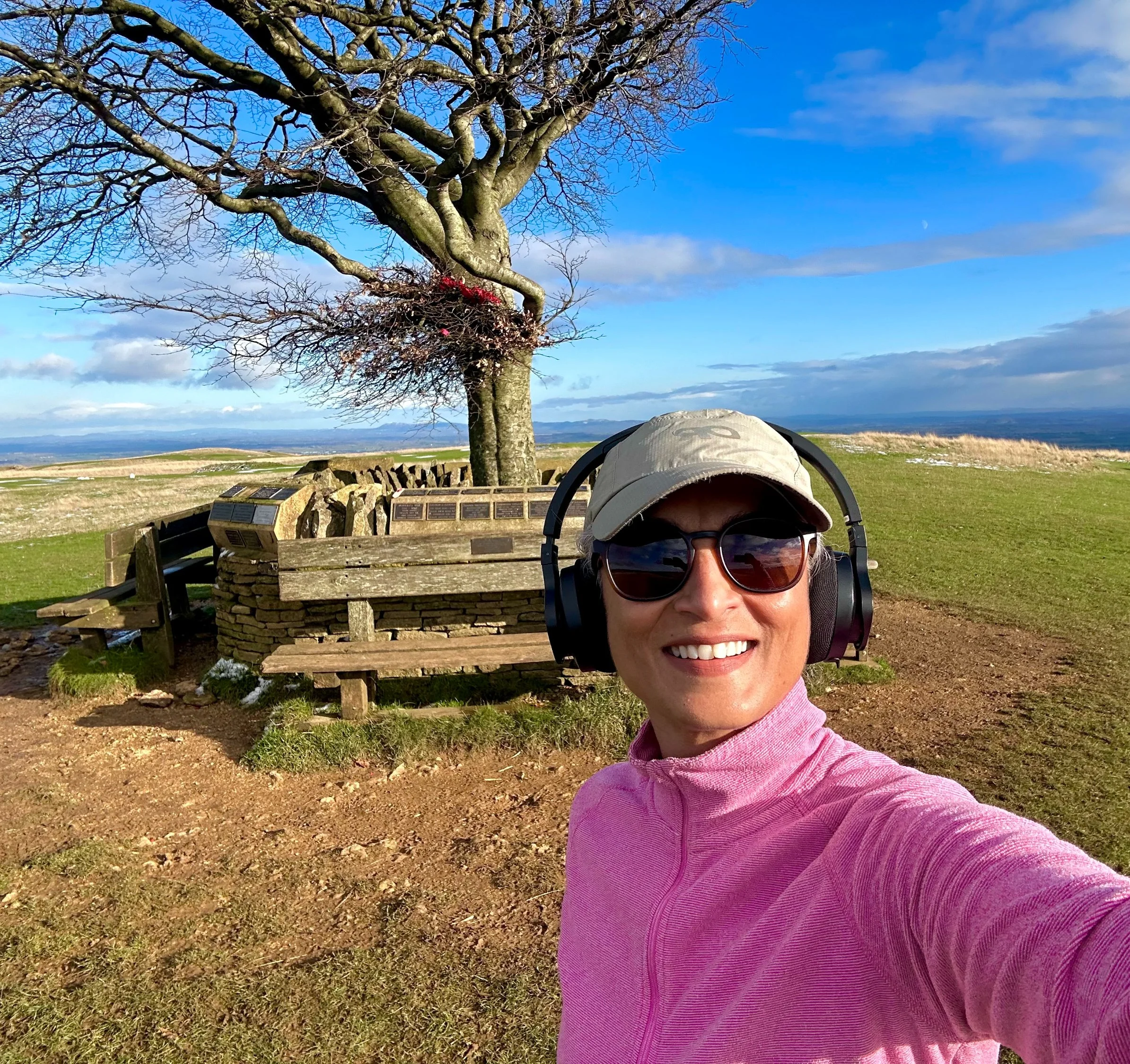 A woman wearing sunglasses, a hat, and a pink jacket is taking a selfie outdoors in front of a tree with no leaves, a stone monument, and a landscape with grass, hills, and a blue sky with some clouds.