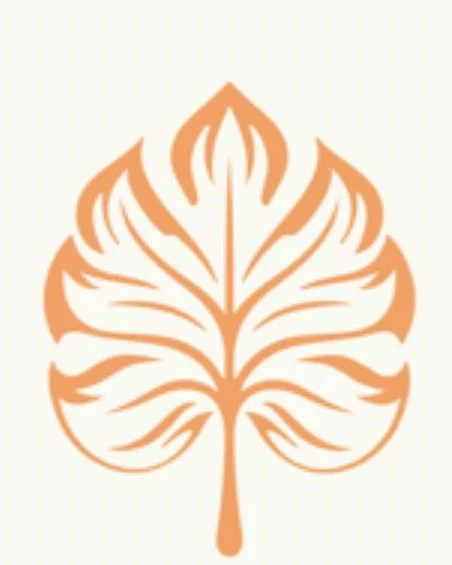 Stylized leaf illustration in beige and light orange colors.