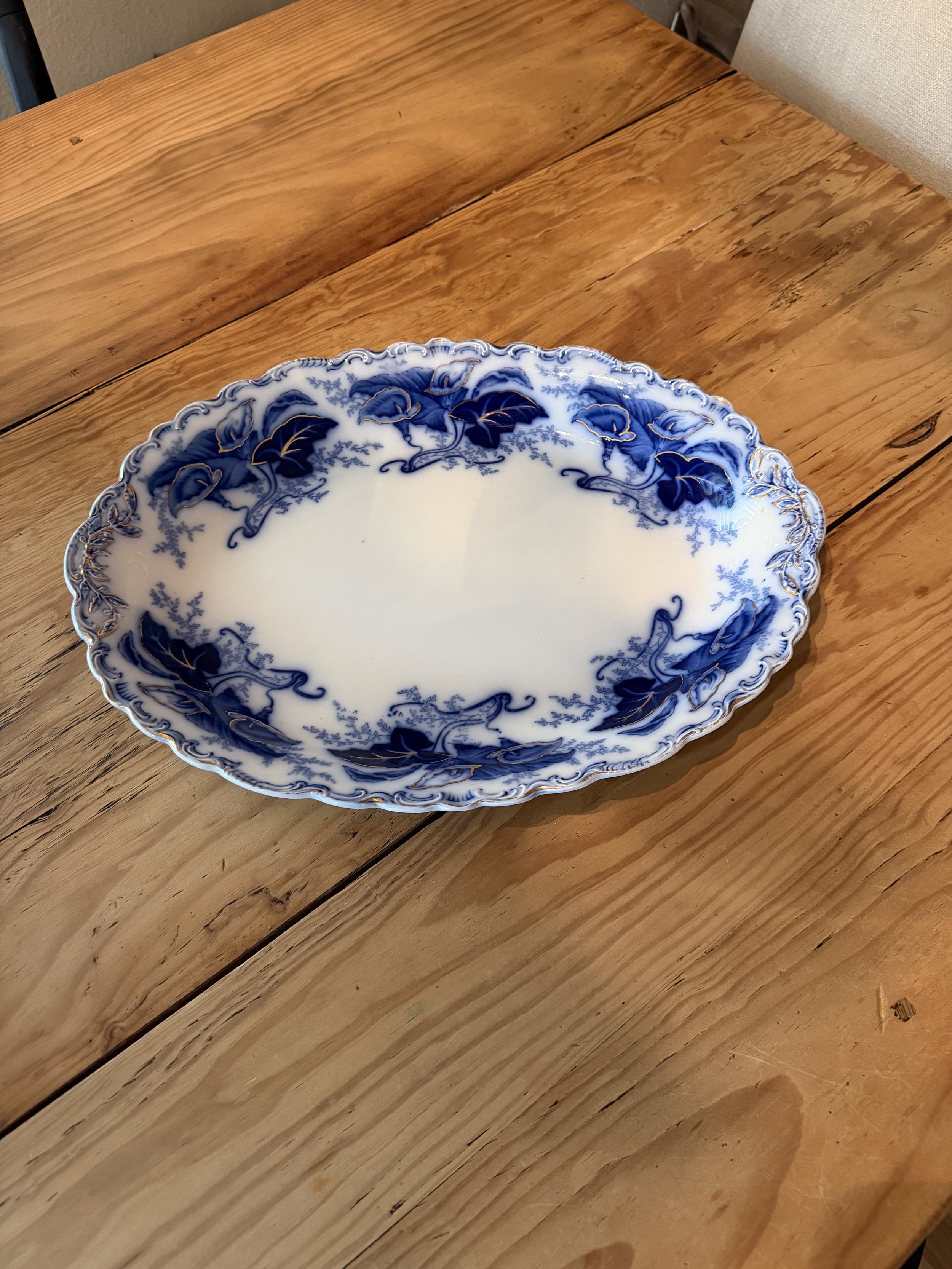 Antique Johnson Bros Normandy Flow Blue Oval Platter Cobalt/Gold Gilt 16" - England Circa 1900