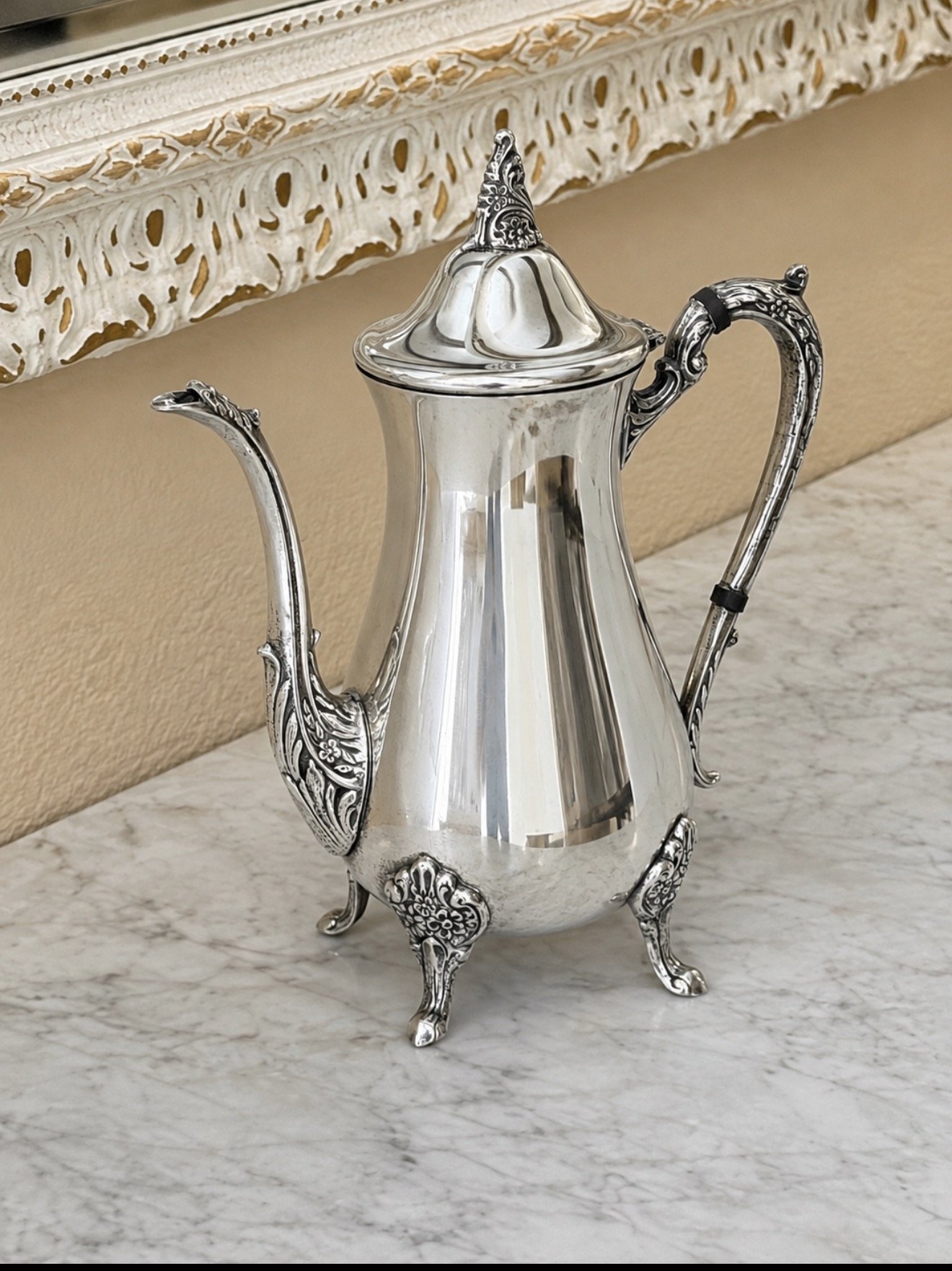 Vintage Ornate Silverplate Footed Coffee Pot with Hinged Lid