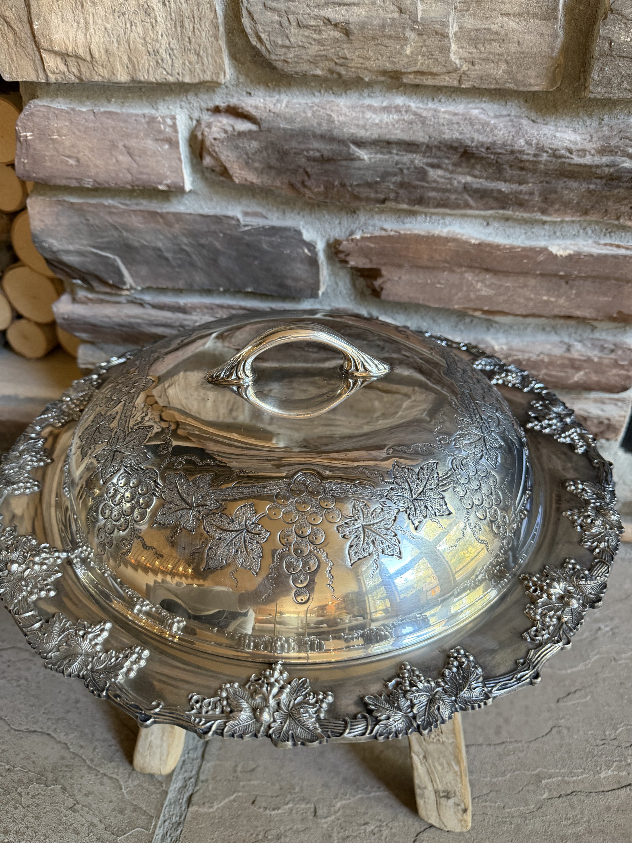 Large Vintage Sheffield Silver Co. Silverplate Grapevine Covered Serving Dish – 13”