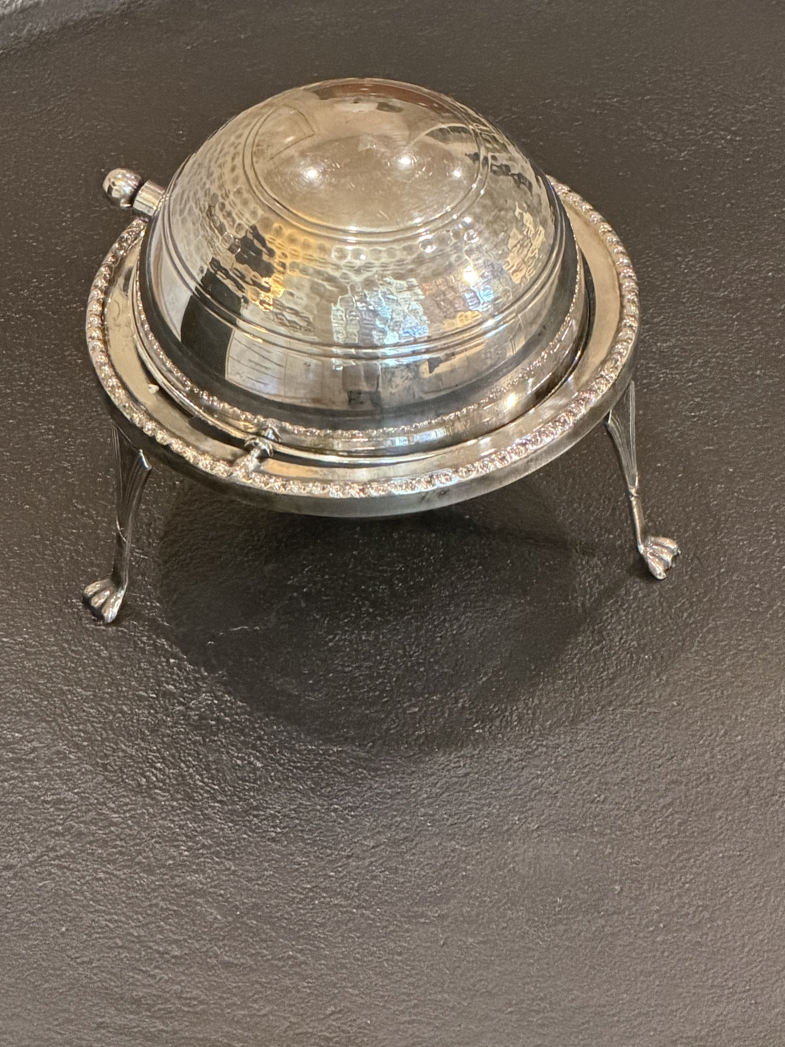 English Silverplate Roll Top Caviar/Butter Server | Hammered Dome and Claw Feet