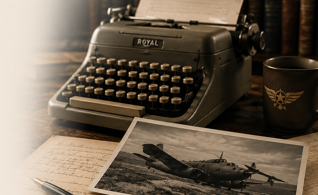 Vintage typewriter, manuscript pages, and WWII aircraft photograph representing the historical fiction of novelist and screenwriter John Eric Taylor.