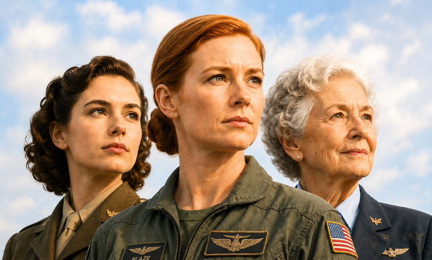Young Ellie Reed, Victoria “Blaze” Stewart, and older Ellie representing three generations and the enduring legacy at the heart of Steel Angels: Wings of Valor.