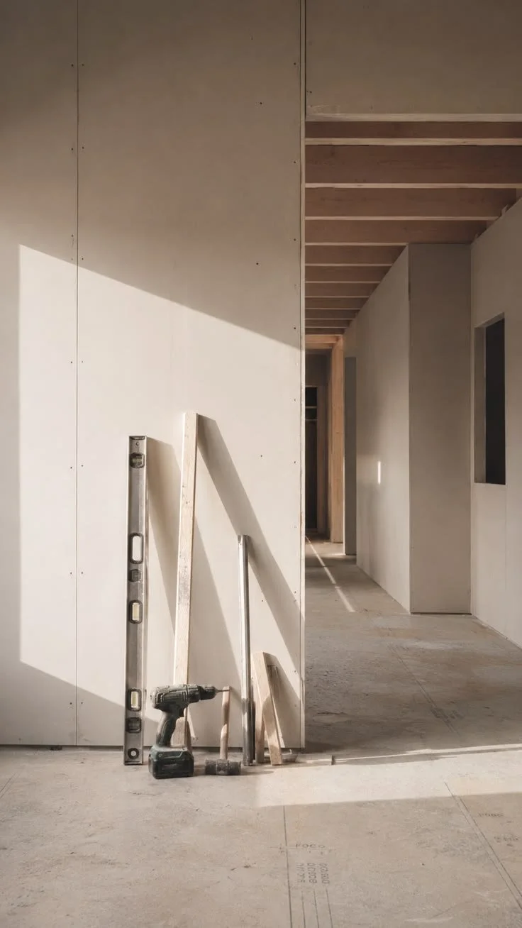 Construction site hallway with tools and building materials leaning against the wall, unfinished ceilings, and unfinished walls.