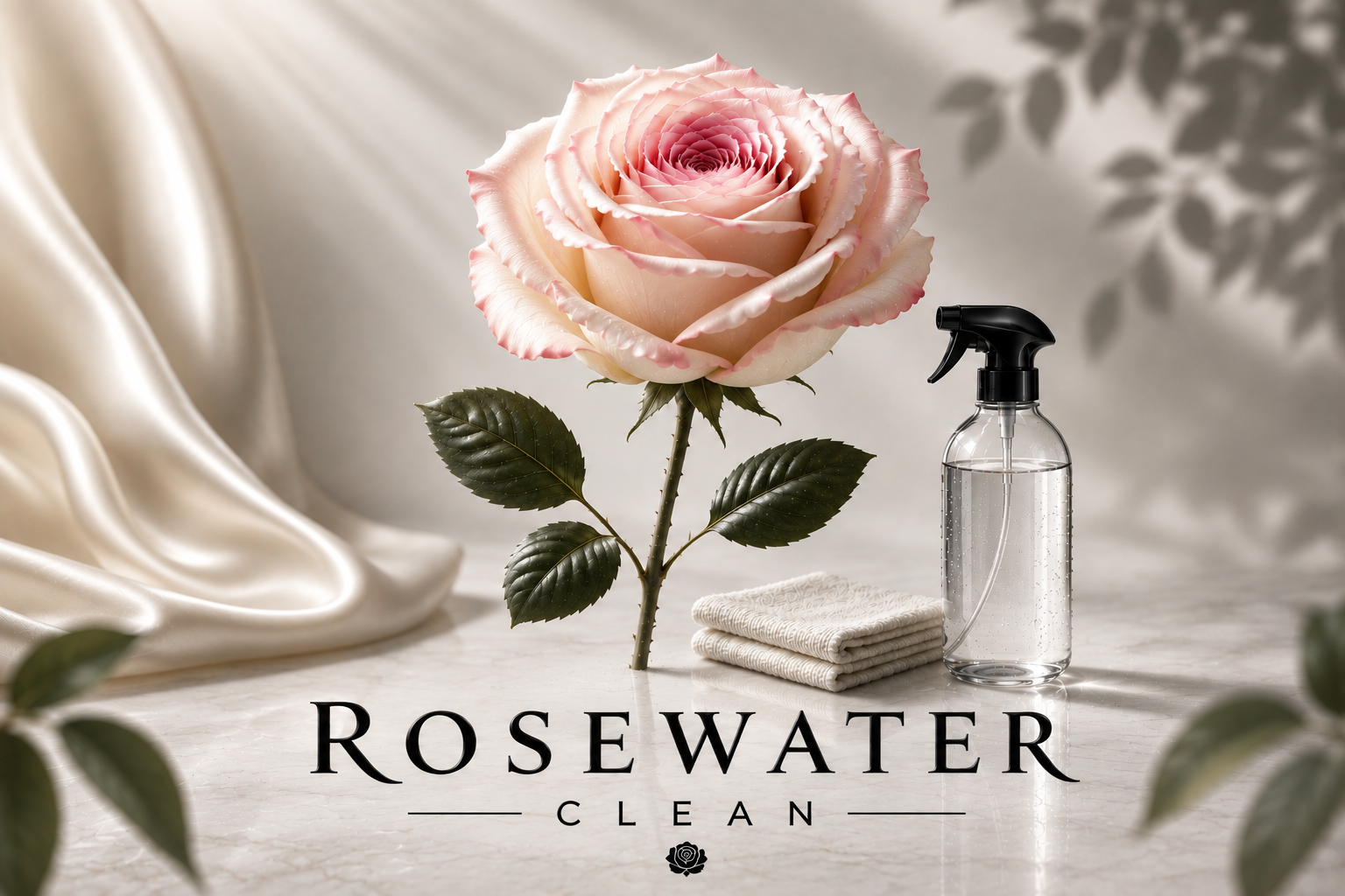 A large pink and cream rose with dewdrops on it, placed beside a spray bottle of cleaning solution, a folded cloth, and draped fabric, with the text 'Rosewater Clean' at the bottom.