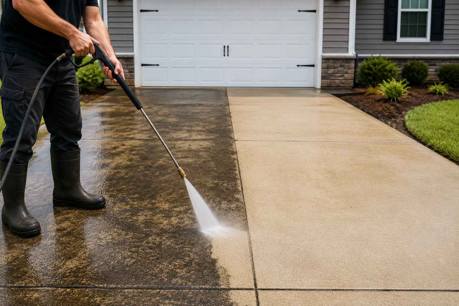 Pressure washing a residential driveway in West Tennessee