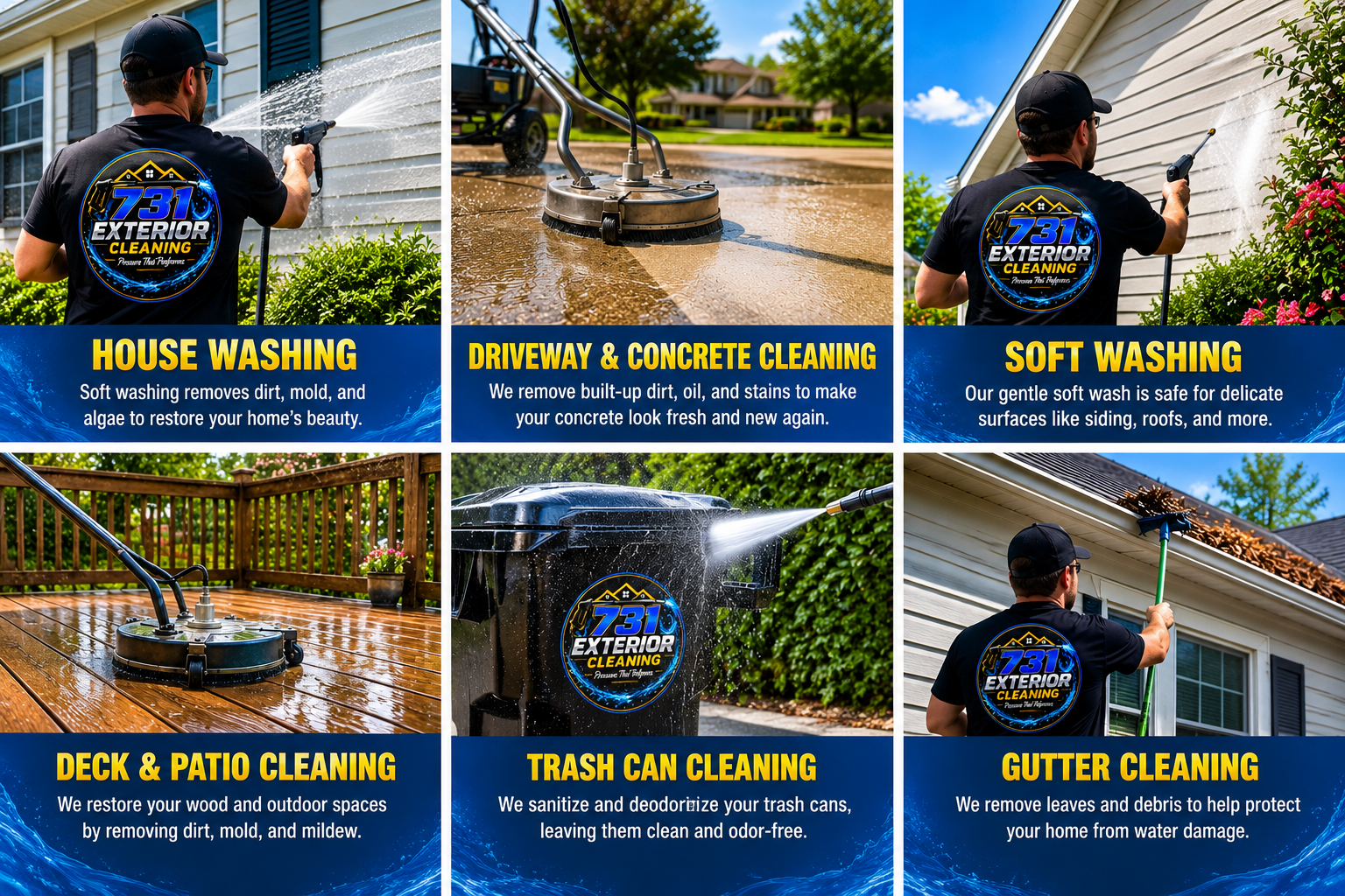 A handyman cleaning a house siding with a power washer, wearing a black shirt with the logo '731 Exterior Cleaning'.