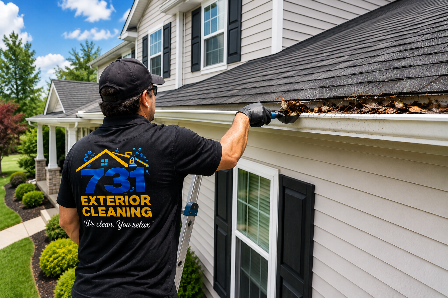 Gutter cleaning service removing debris from a home in West Tennessee