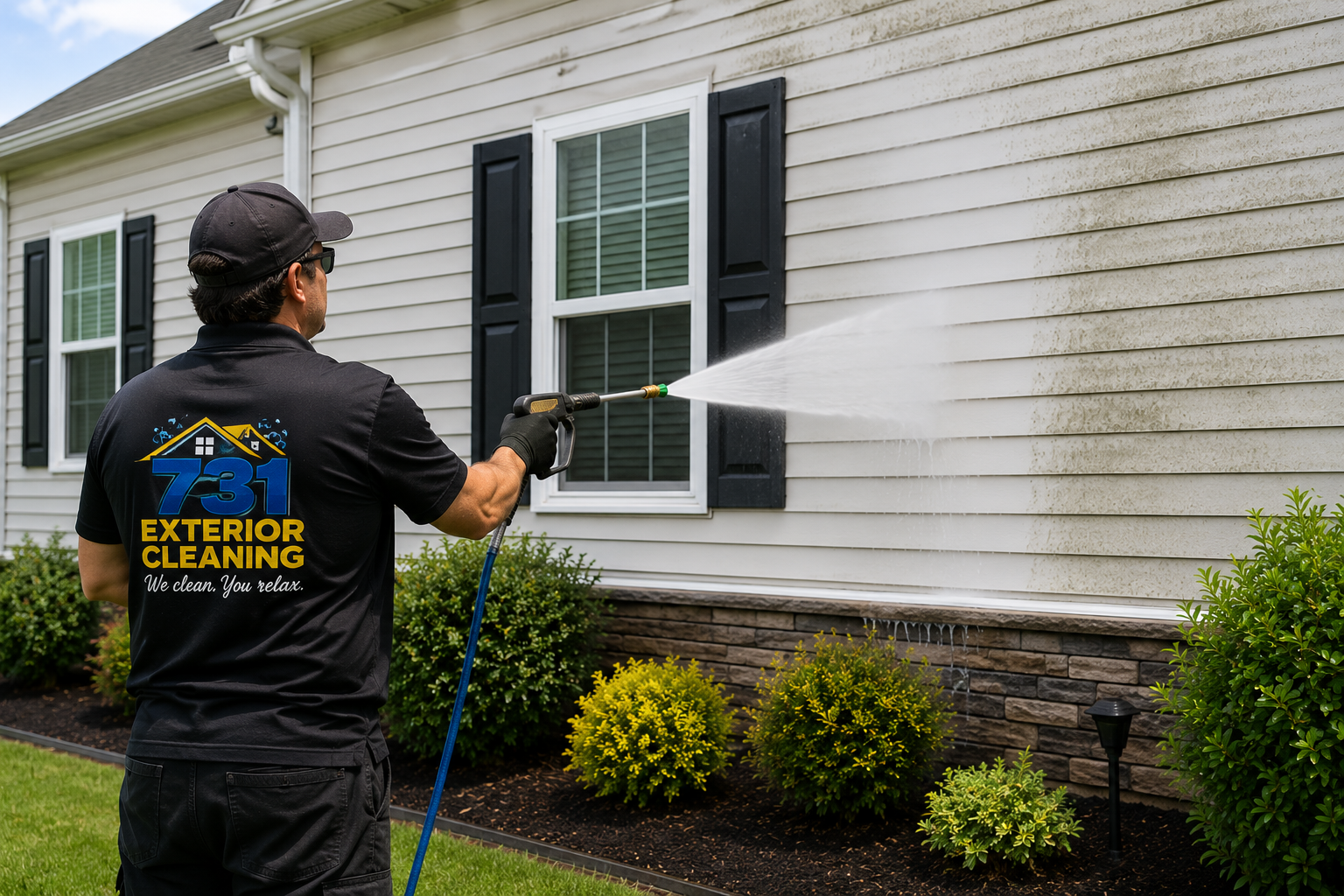 Exterior cleaning technician washing a house in West Tennessee