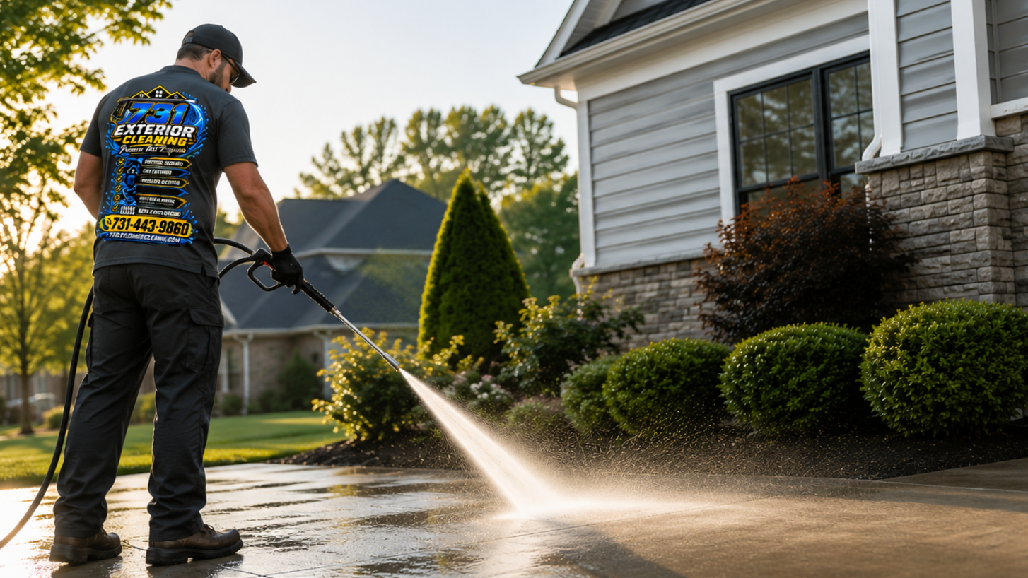 A man pressure washing a driveway outside a house at sunset.