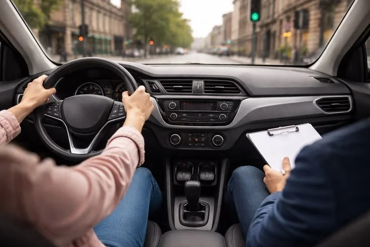 Interior view of a car with a driver and a passenger, with the driver holding the steering wheel and the passenger holding a clipboard, on a city street with traffic lights.