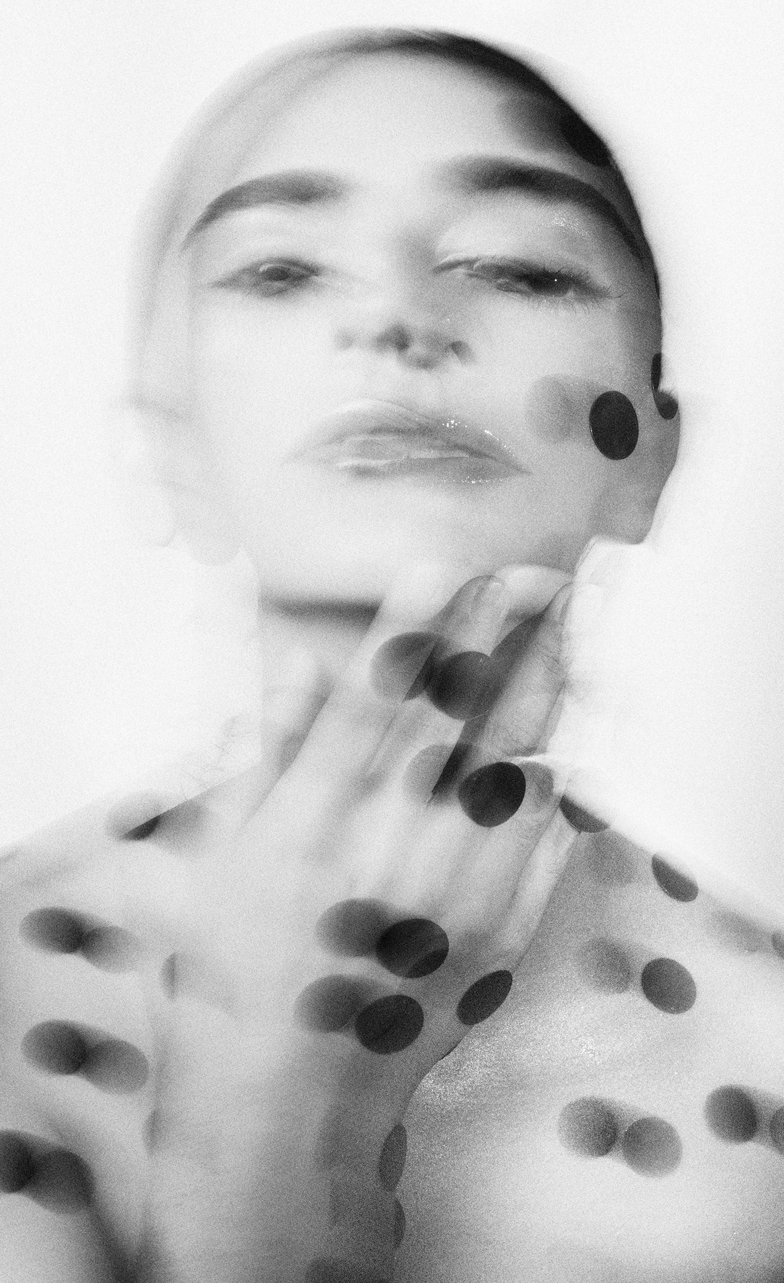 Female portrait, black and white portrait, polka dots