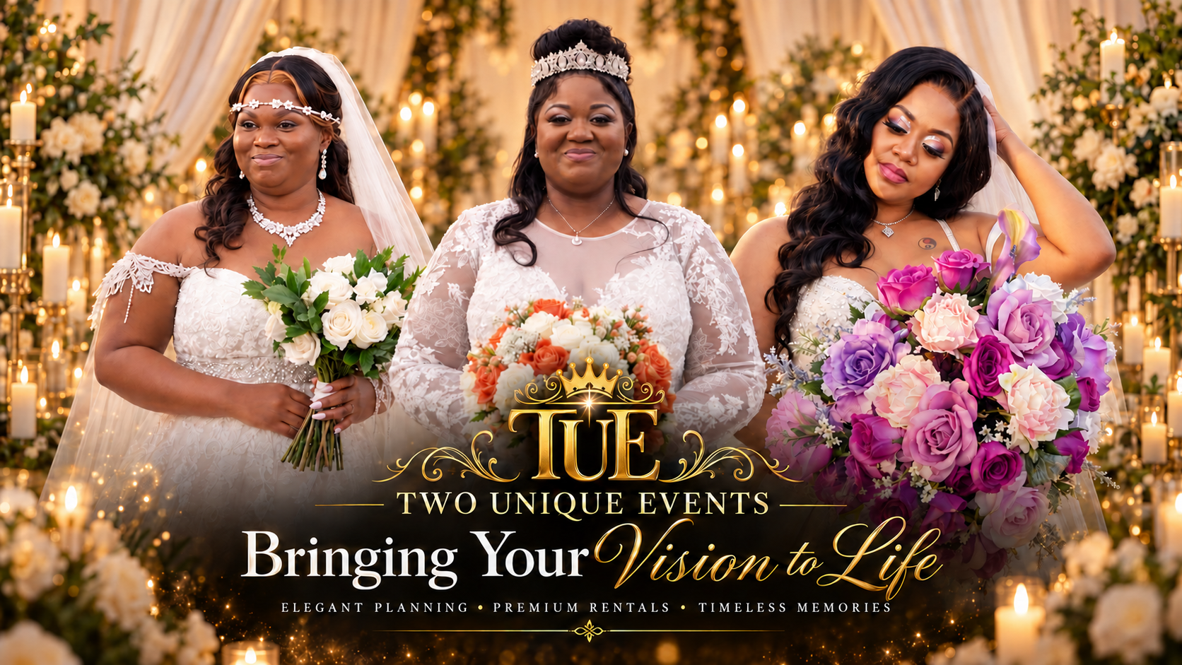 Three brides holding bouquets in an elegant wedding collage featuring the Two Unique Events logo.