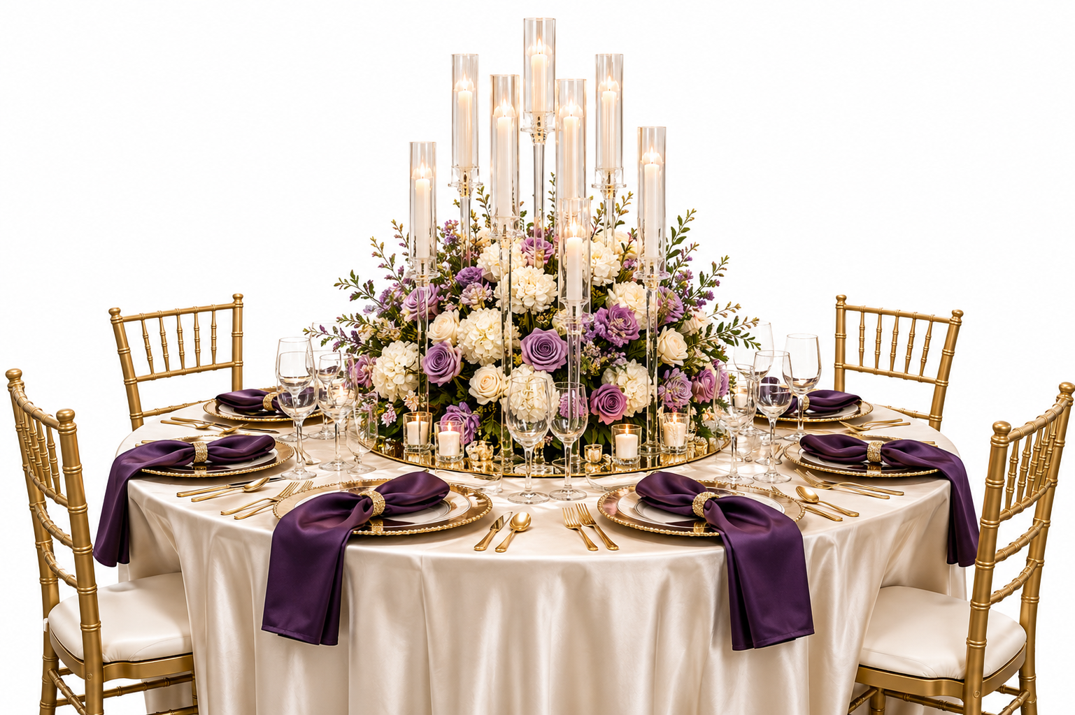 Elegant banquet table with gold Chiavari chairs, purple napkins, and a white-and-purple floral centerpiece with candles.