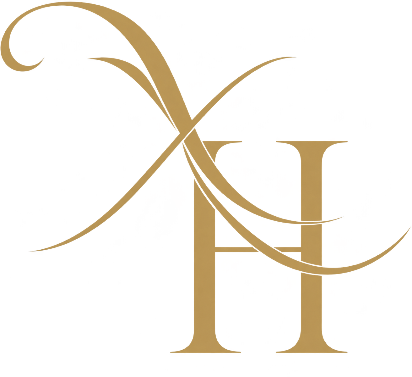 Vintage or stylized letter 'H' with decorative swirls on a colorful, abstract background.