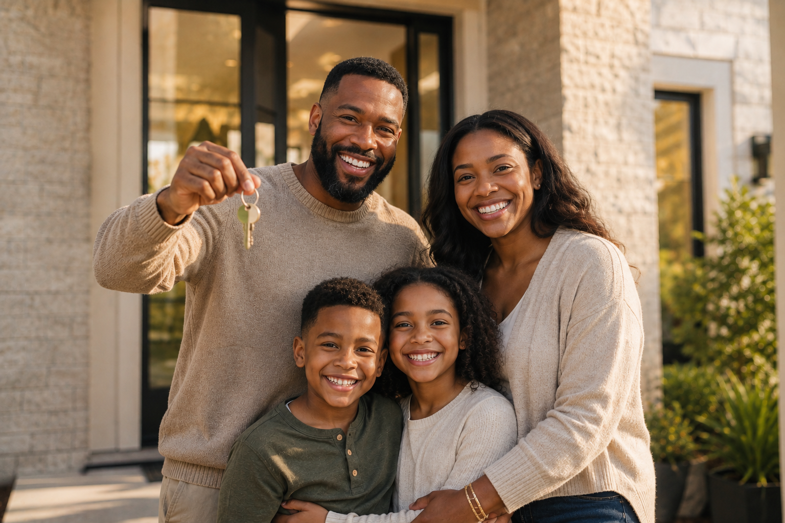 Happy family of four with a man holding keys outside a house, smiling.
