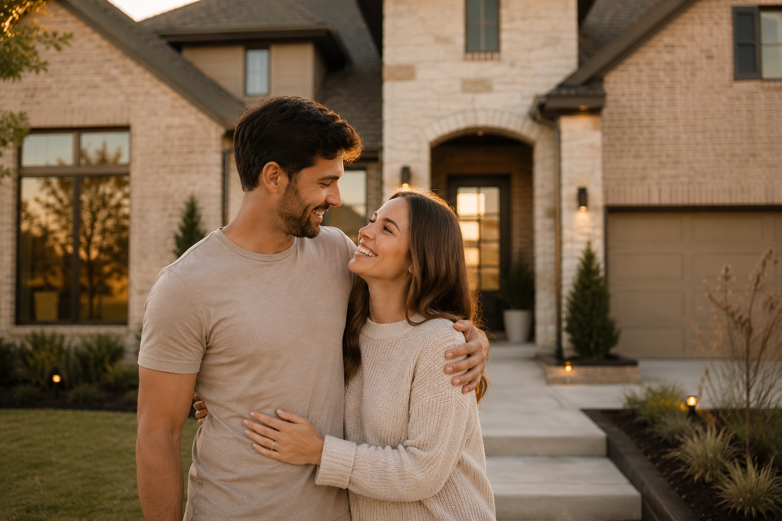 A smiling couple embracing in front of a house during sunset.