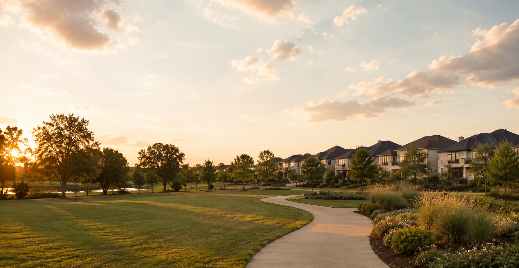 A peaceful neighborhood park with a walking path, green grass, trees, and residential houses in the background during sunset.