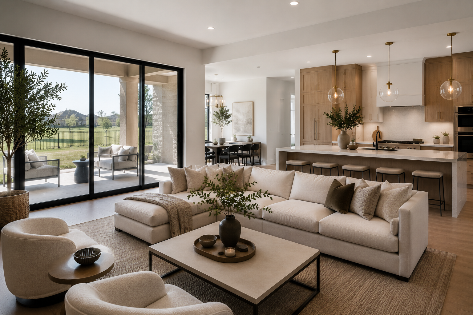 Open-concept living room and kitchen with large sliding glass doors leading to outdoor patio, contemporary furniture, and wooden accents.