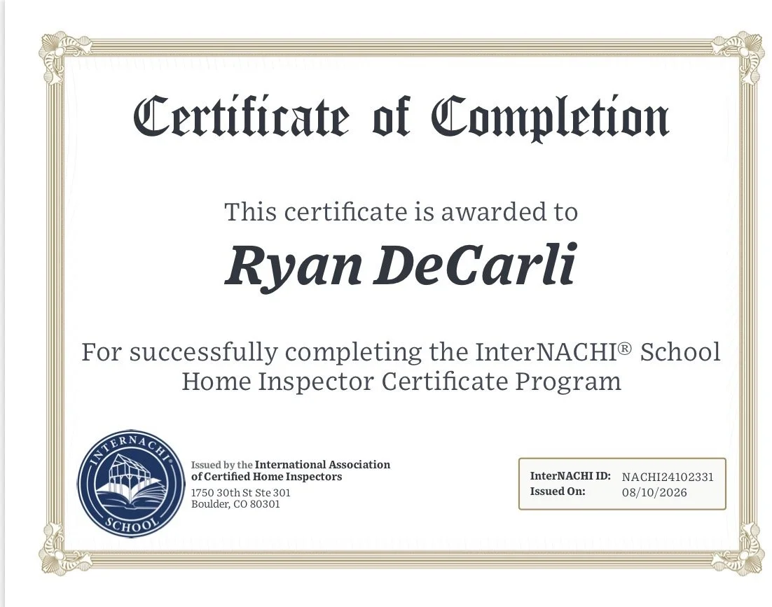 Certificate of Completion for Ryan DeCarli from the InterNACHI School Home Inspector Program, issued by the International Association of Certified Home Inspectors, with an InterNACHI ID and issue date of August 10, 2026.