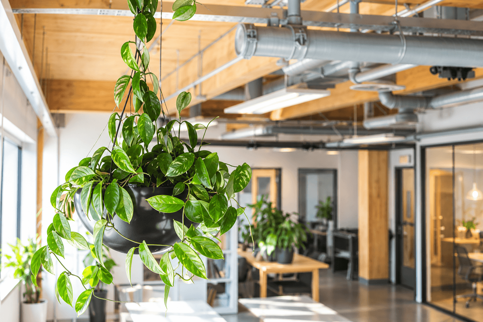 Green indoor hanging plant in the foreground with a shared office space in the background and more greenery on the desks.
