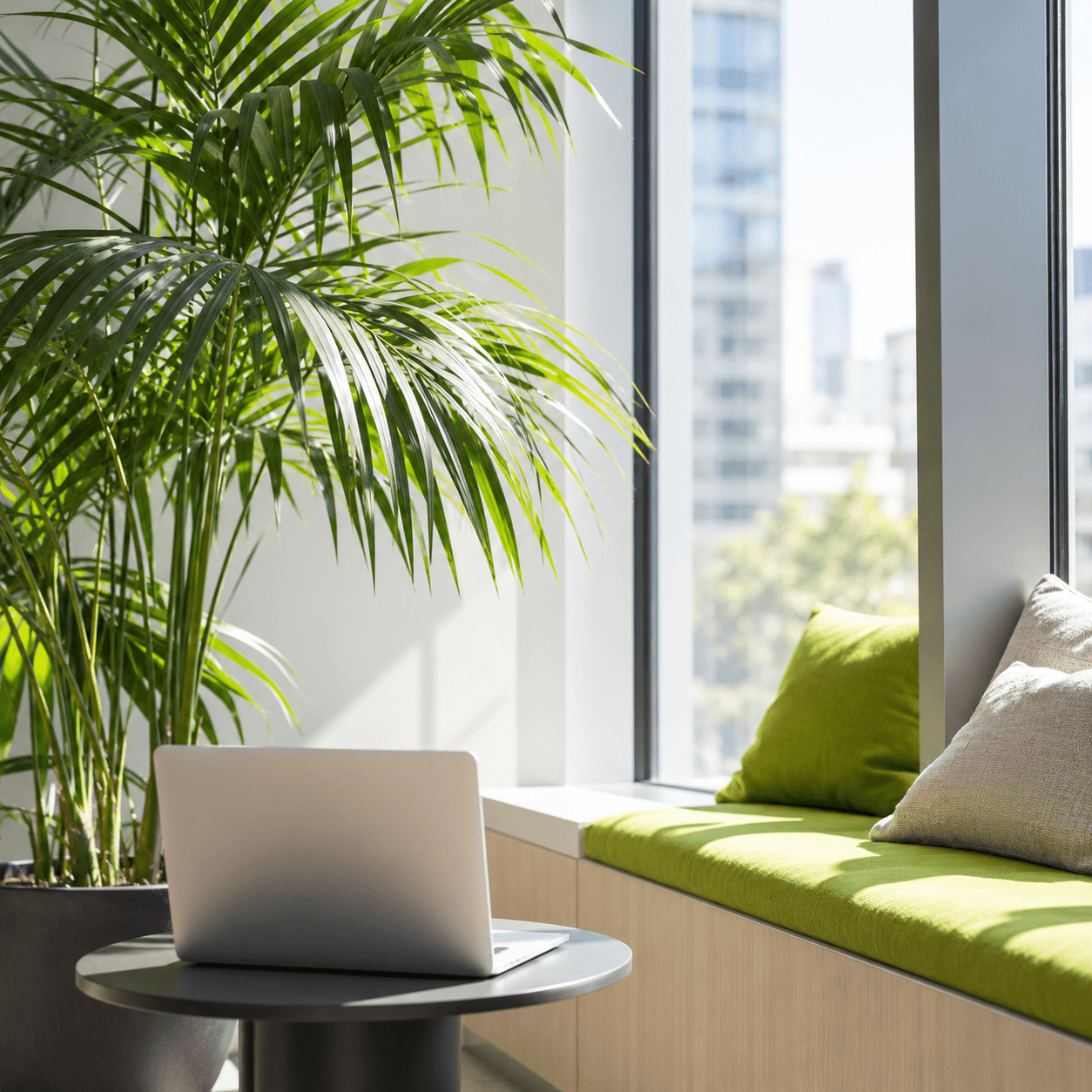 Sunny corner of a modern office with large green plant, laptop, and green cushion.