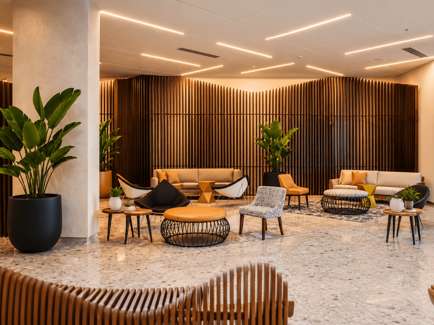 Open lobby space of a hotel with soothing woods, uplighting, and potted plants throughout modern seating.