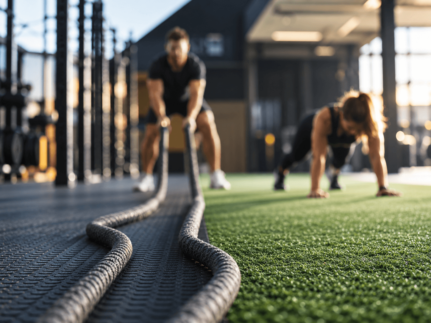 Crossfit gym with man holding large black workout ropes and woman in the plan position on fake grass.