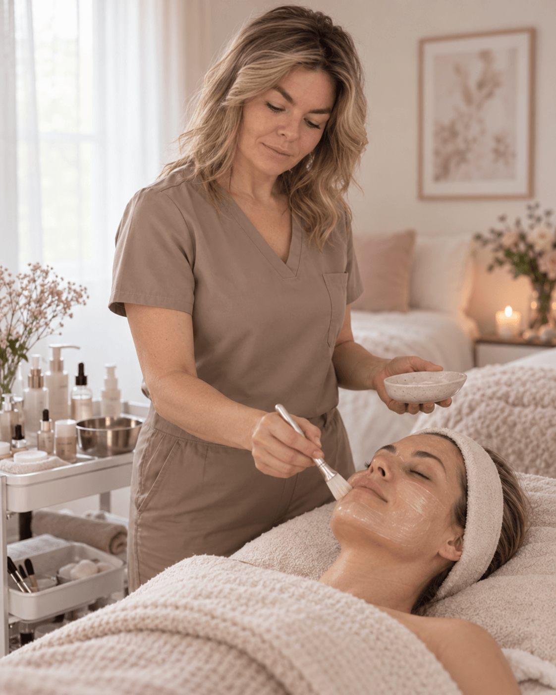 Beauty Le Gra Founder Amie Gibson administers a facial to a client who is laying down.