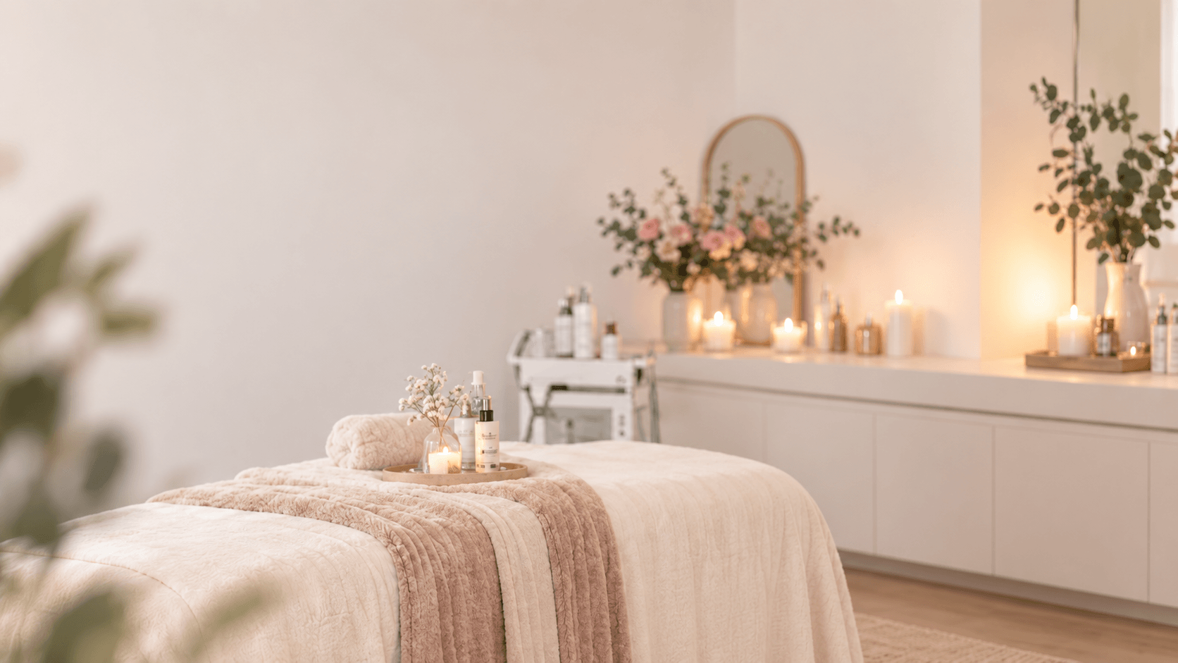 Calm room of neutral tones and slight blush pink tones with flowers and candles surrounding a massage bed.