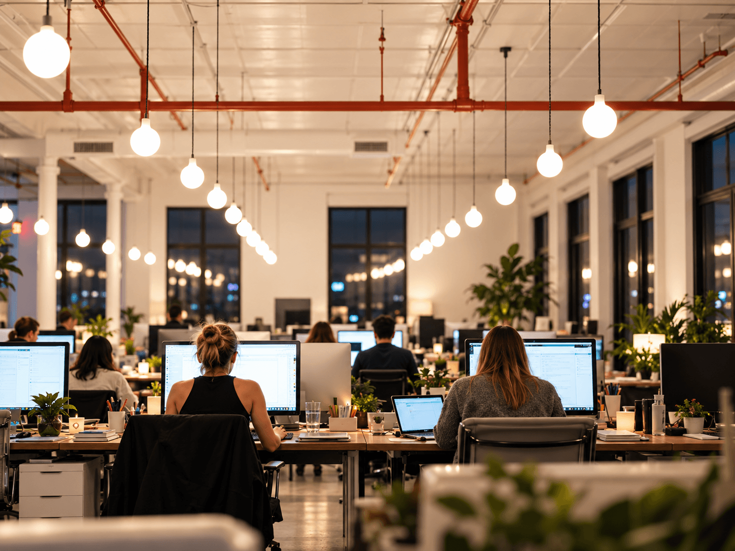 Bright, large office space with numerous co-working office spaces with people working in front of screens.