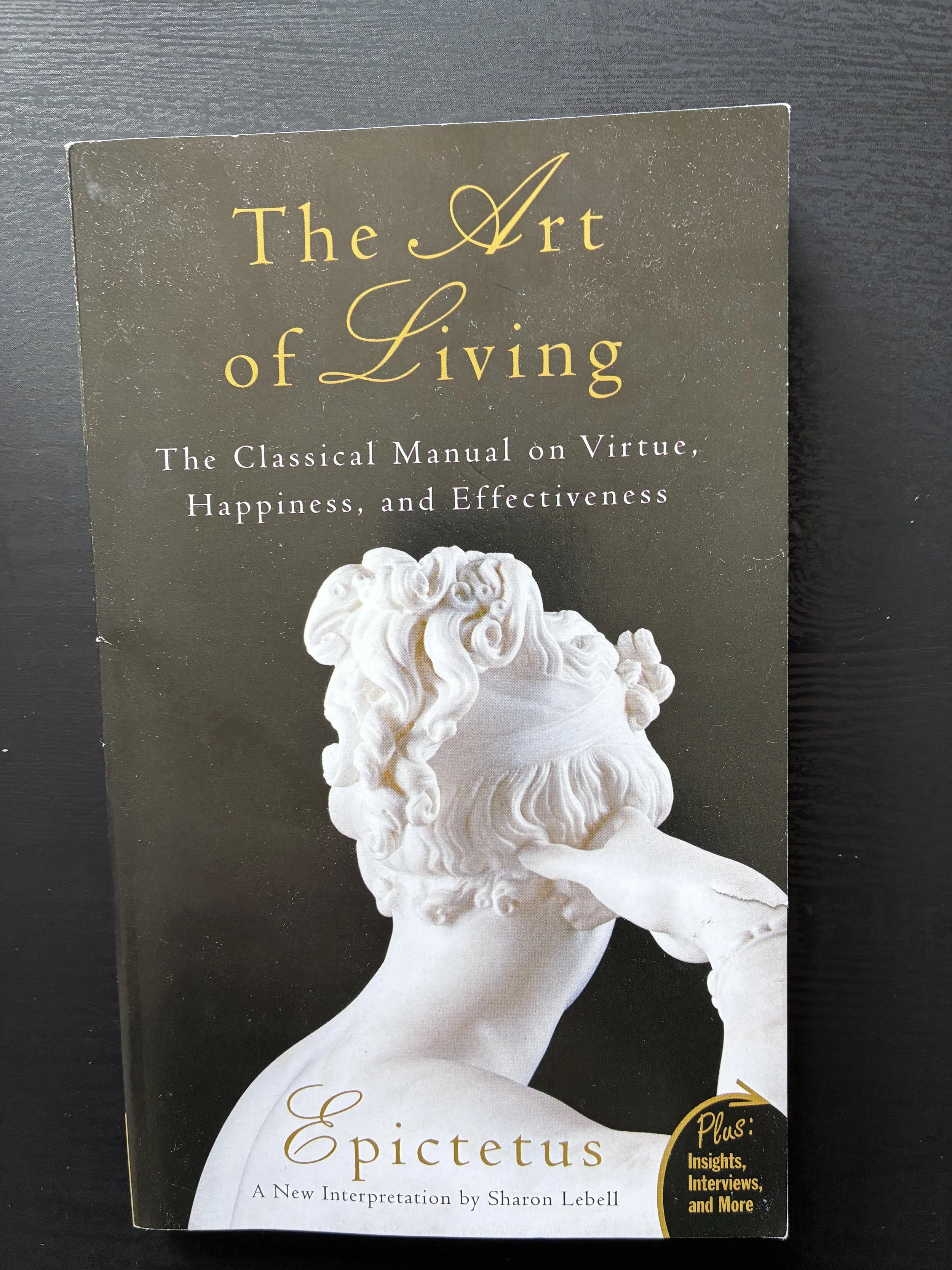Book cover titled 'The Art of Living' with a classical statue of a bearded man with curly hair, and text that mentions Insights, Interviews, and More.