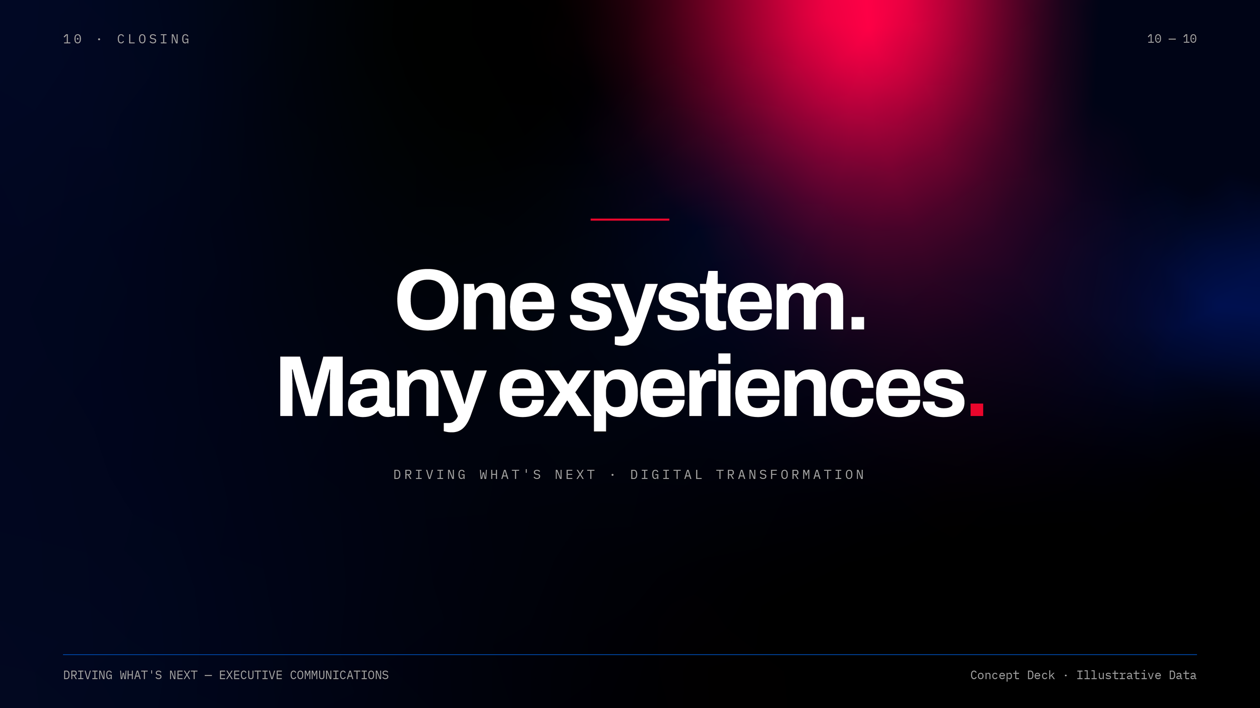 Dark background with text reading 'One system. Many experiences.' and 'Driving what's next. Digital transformation.' in white font, with red accents, indicating a focus on digital innovation and integrated systems.