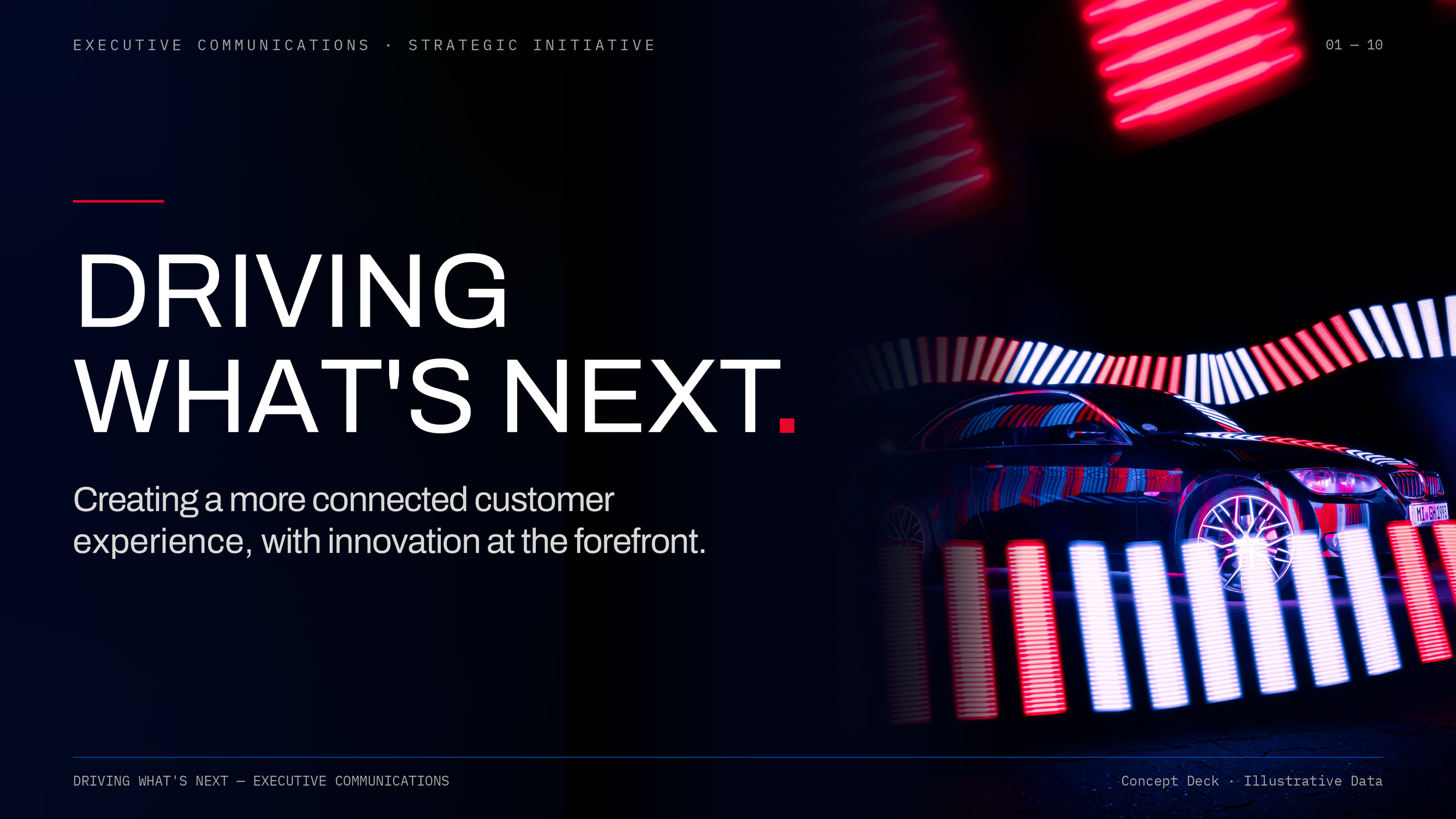 A digital concept graphic highlighting the theme of future automotive innovation with a dark background, neon red and blue lighting effects, a sleek black car, and text reading ‘Driving What’s Next’.