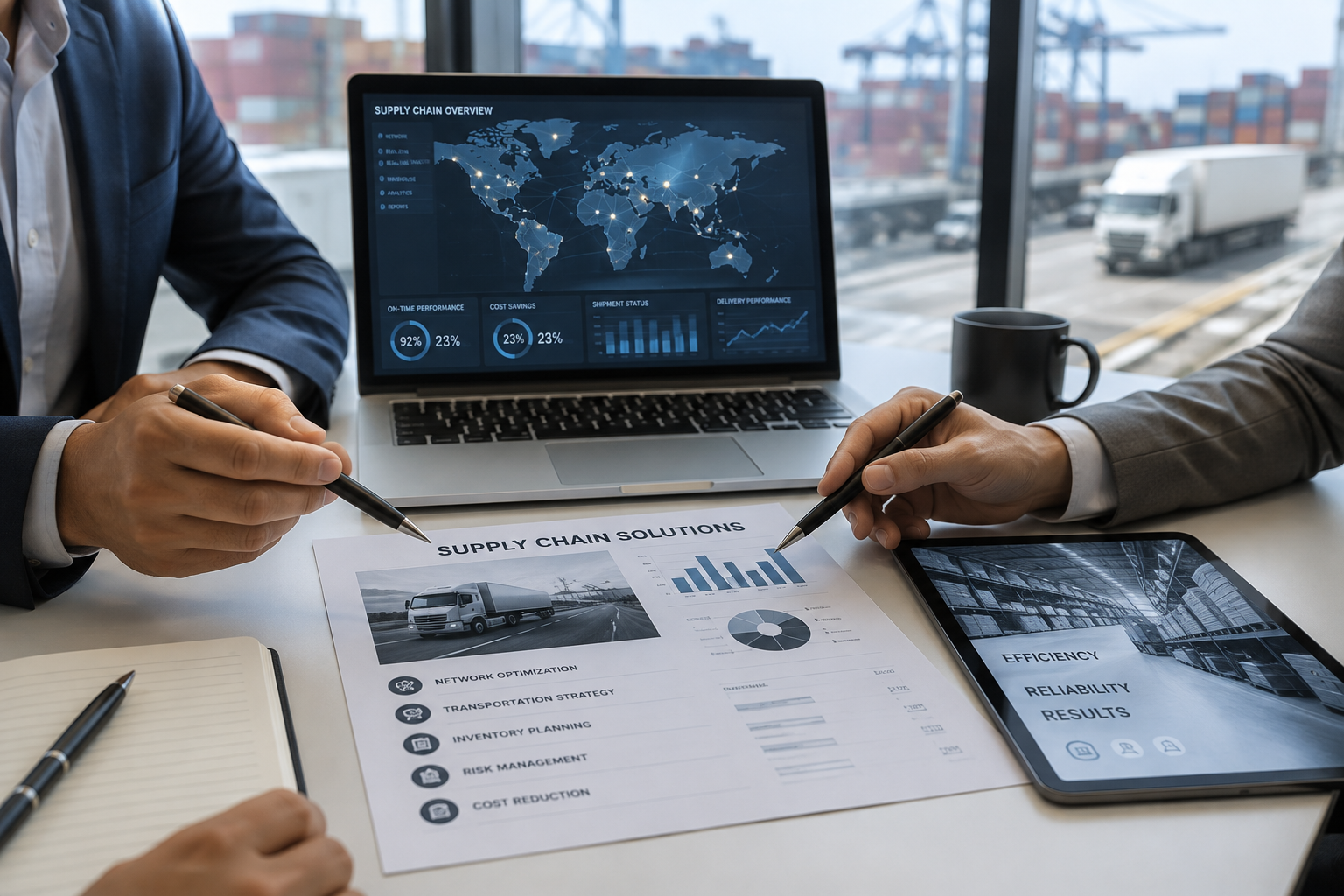 Two professionals discussing supply chain solutions at a meeting table with a laptop, tablet, and printed reports, with a view of a highway and containers outside the window.