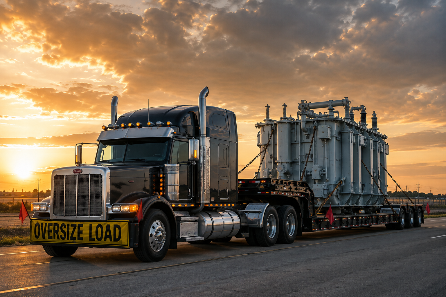 Semi-truck carrying an oversize load transformer on a trailer, passing through a highway during sunset.