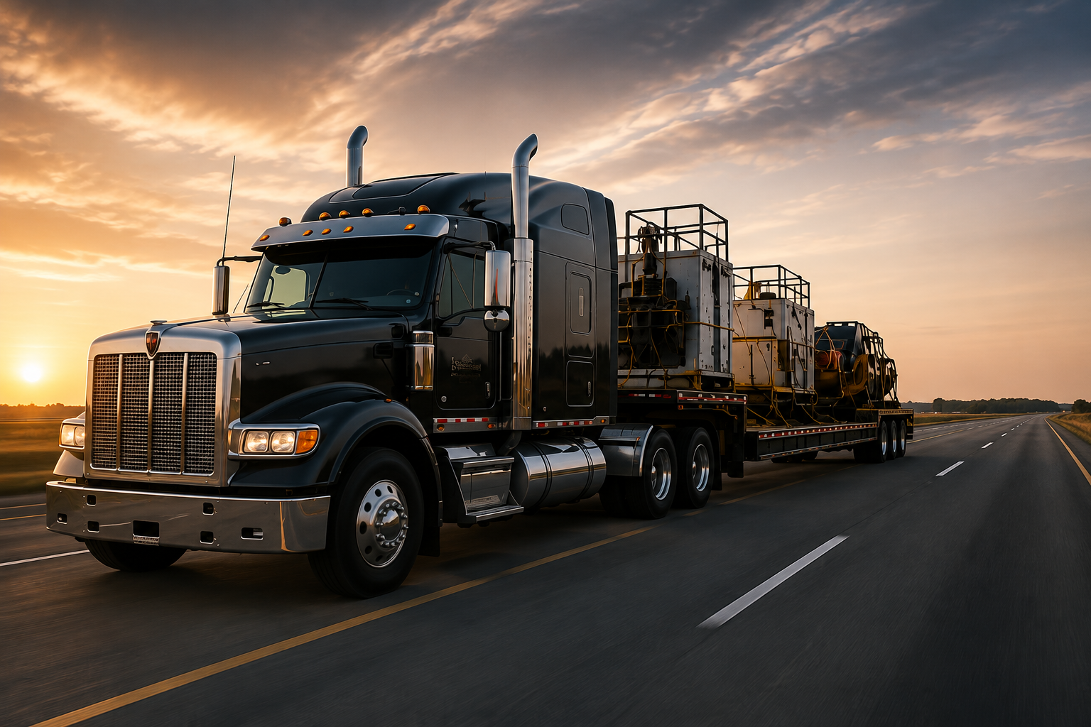 Black semi-truck driving on an open highway at sunset.