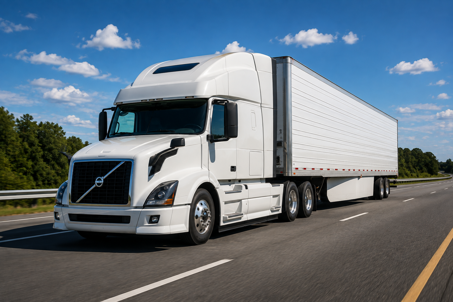 White Volvo semi-truck driving on a highway under a blue sky with a few clouds.