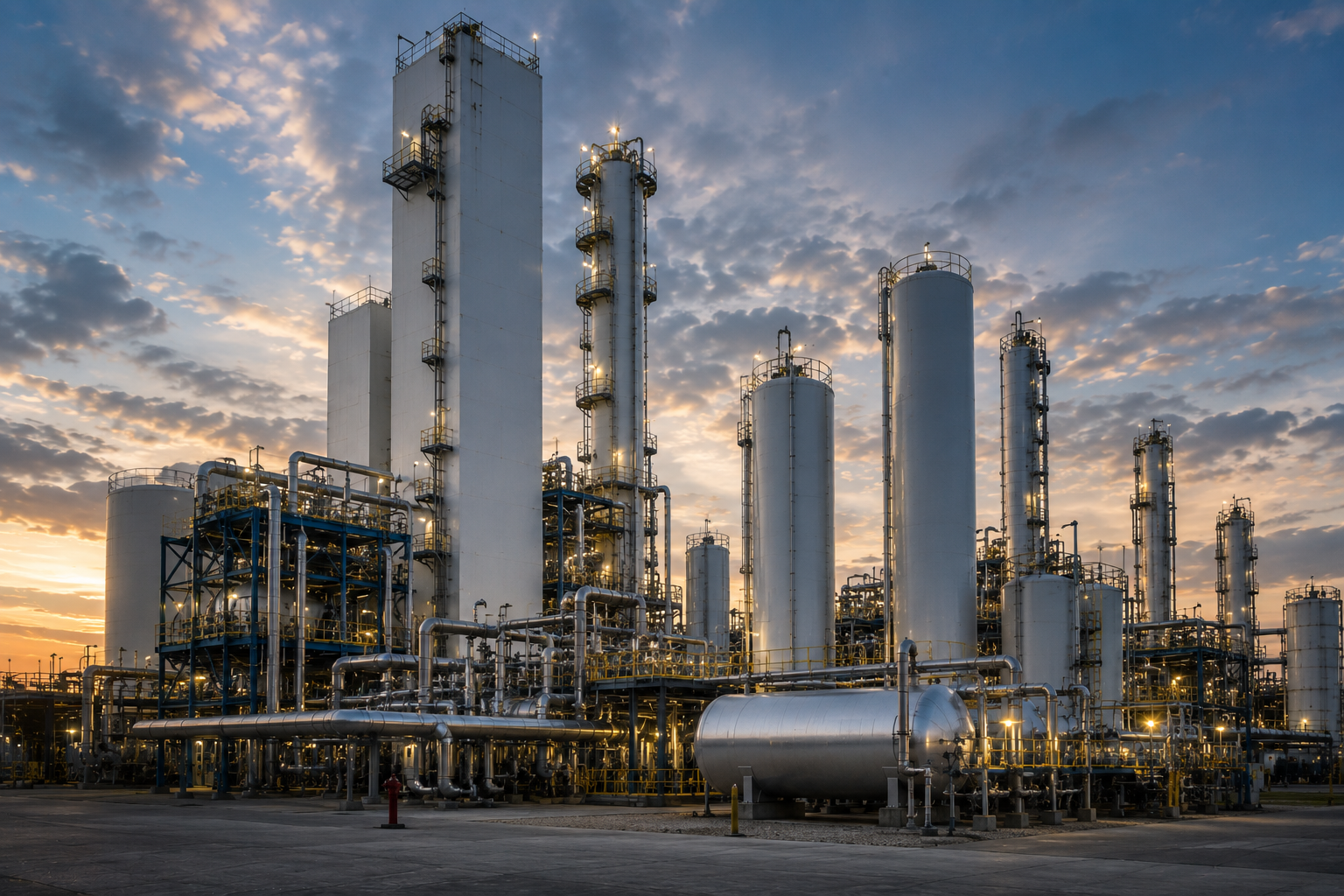 Industrial refinery structures with large white tanks and pipes at sunset.