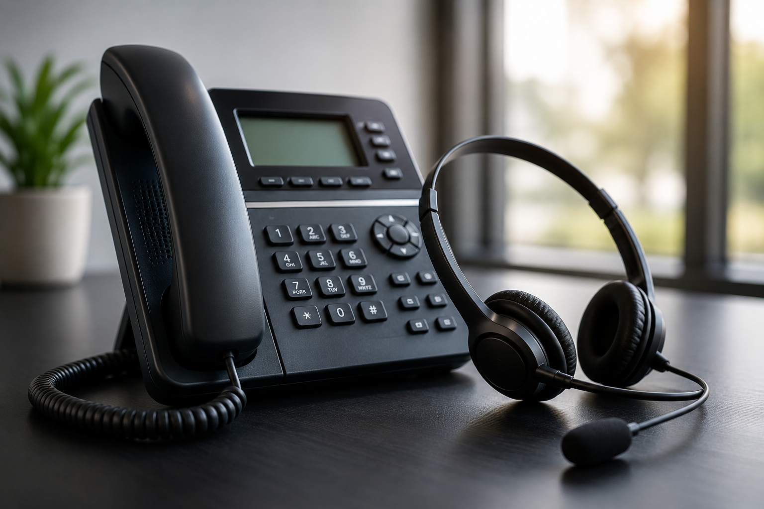 Office desk phone with a headset placed nearby, on a dark surface with a blurred background of window and greenery.