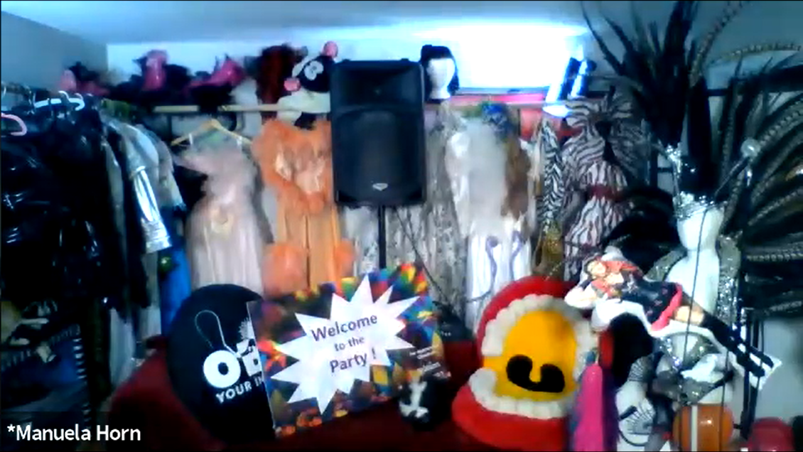 A 3 foot “Welcome to the Party!” sign filled Manuela’s video feed at the beginning of the party, propped up on an easel, and then moved into place in her costume closet, where she sang, danced, and made us laugh
